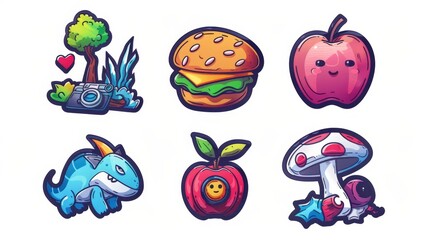 Wall Mural - Modern cartoon set of comic patches with girl, hamburger, apple, mushroom, and ufo. Button badges designed in trendy contemporary design.