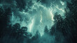 Dramatic thunderstorm with multiple lightning strikes over a shadowy forest at night.