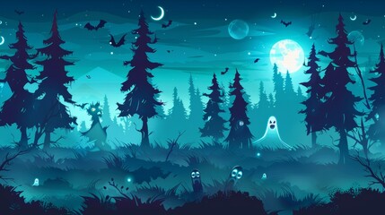 Wall Mural - A spooky cartoon illustration of coniferous trees, a full moon, a ghost and a zombie silhouette in a nighttime forest.