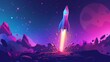 The modern illustration shows a cartoon spaceship flying on an alien planet background as it takes off from the rocky surface and flies into the starry sky, exploring cosmic galaxies. Web banner.