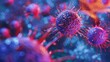 Immune cells attacking a virus, macro lens, vibrant battle colors, 3D disease defense illustration