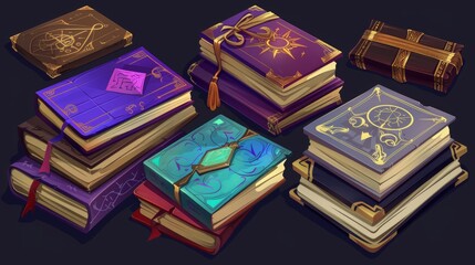 Mystic books of magic spells, astrology, and alchemy. Ancient witchcraft literature, antique grimoires, and books with wooden and gold covers.