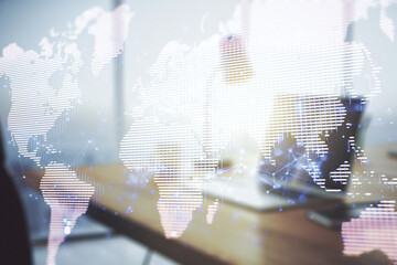 Wall Mural - abstract creative world map on modern laptop background, international trading concept. multiexposur