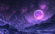 Two Moons Illuminated The Sky Above The Purple Planet's Mountains, Creating A Mesmerizing View Near A Cosmic Wormhole.