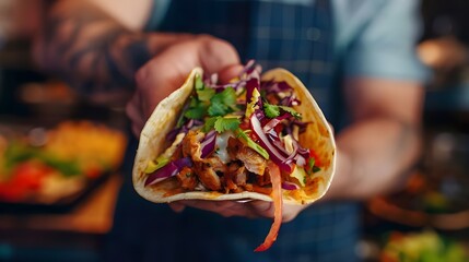 Wall Mural - Hand holding delicious taco, Hand holding traditional Mexican taco with meat ball isolated on transparent background ai generated 