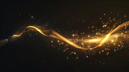 Magic wand trace, magician spell, wizard or fairy shining lightning, gold wave on black background, golden stars, glowing gold stars, realistic modern illustration with gold wave on black background.