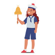 Child Girl Character Dressed In Sailor Costume Joyfully Rings A Bell, Eyes Gleaming With Excitement, Vector Illustration