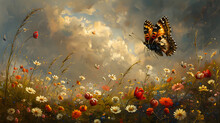 Dynamic Tempest: Butterflies Brave The Storm Amongst Whirling Daisies And Tulips