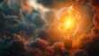 New idea concept of creativity. A glowing light bulb suspended in the air against a background of sparks and clouds.