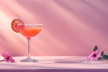 Wall Mural - A pink cocktail in a glass with a pink background and flowers.