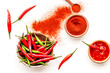 Fresh and powdered red and green chilli pepper pattern on white table background top view