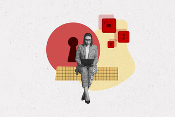 Sketch image composite trend artwork photo collage of black white silhouette retro lady sit on platform type laptop key lock private data
