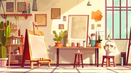 Wall Mural - This is a picture of a studio interior with stuff and furniture. There is a picture on an easel, a canvas, a storage cabinet with paint, a still life composition, a plaster head figure, frames, and