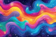 A Mesmerizing Abstract Pattern Featuring Swirling Waves In Vibrant Pink, Blue, Green, Purple, Yellow, And Orange, With A Magical Starry Background.