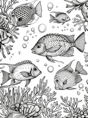 Wall Mural - A black and white drawing featuring a group of fish swimming together in a fluid motion, showcasing their elegant movement and coordination