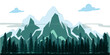 Vector illustration of a beautiful dark blue mountain landscape with fog and forest.