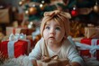 © Pinklife - A baby with a golden bow headband looks amazed among Christmas presents and decorations