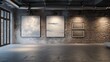 Contemporary art gallery with stark minimalistic decor against a textured old brick wall, soft ambient lighting
