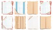 Torn notebook sheets with square grid pattern and striped pattern. Old blank notepad pages and copybooks, modern realistic illustration.