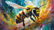 A colorful painting of a bee with its wings spread out