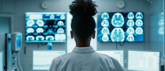 Canvas Print - Research Lab at Medical Hospital: Black Female Neuroscientist Analyzing MRI Images for Treatment for Patient. Doctor Curing People in Hospital. Back View Zoom.