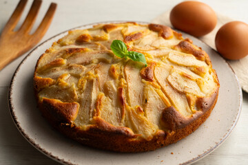 Canvas Print - Sponge cake with pear and yogurt. Delicious traditional Italian recipe.