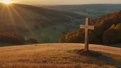 Ascension day concept. The cross on meadow autumn sunrise background. 4K wallpaper design