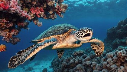 A critically endangered hawksbill sea turtle (Eretmochelys imbricata) glides over a reef off the island of Yap; Pacific Ocean, Yap, Micronesia, 4k design