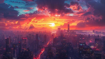 Wall Mural - Urban Sunset: Orange and Pink Hues, generative ai