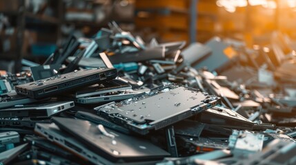 heap of discarded laptop parts ewaste recycling and electronic waste management concept blurred image