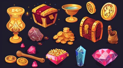 Wall Mural - Isolated on dark background, cartoon gold and jewelry currency icon collection, with golden diamonds, rubies, and goblet loot.