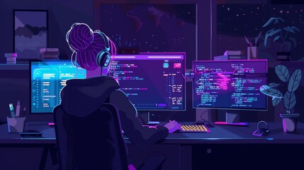 modern cartoon illustration of it woman writing software code, developing a game or mobile app at ni