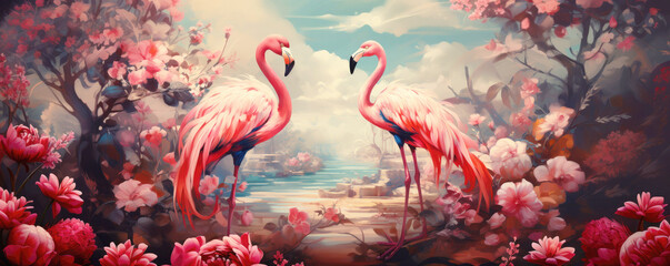 Oil painting of a couple of beautiful pink flamingos among roses and palm leaves, red colors, vintage style. Banner.