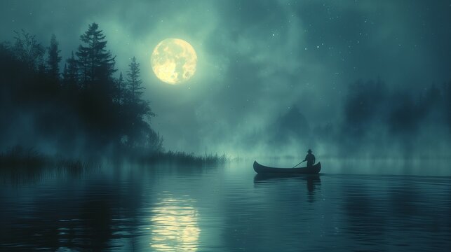 Misty Moonlit Canoe Adventure, generative ai
