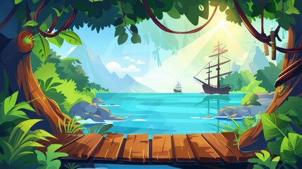 Landscape with wooden pier in jungle forest and boat. Modern illustration of sea dock bridge with liana on tree near river. Ship on rope near pontoon illustration with beautiful sun beam.