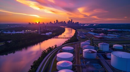 Wall Mural - Stunning Sunrise Over Industrial Area with River and City Skyline. Aerial View of Urban Morning Scenery. Beautiful Dawn Light Reflections. AI