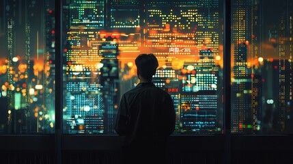 Wall Mural - A man is looking out a window at a city at night