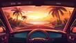 In car dashboard view of sunset with palm tree and sun. Vacation landscape landscape from vehicle windscreen. Unmanned steering and navigation to orange skyline and rock.