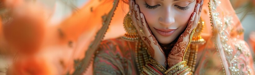 A young Indian woman in a traditional sari and jewelry on a bright floral background. A beautiful greeting card, Ramadan, Ugadi, Eid al-Fitr or Eid al-Adha. Diwali, Pongal, Gudi Padwa.