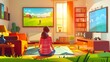 Playing video game on TV cartoon background. Gaming room with armchair, console, and gamepad. Sunray on livingroom objects and monitor. Friend recreation at home.