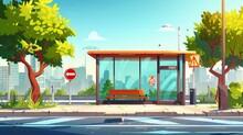 Cartoon Summer Concept Of A Bus Stop Station On A City Road With A Sign, And A Public Transport Construction On A Street With A Bench And Glass. A Transportation Highway Crosses A Park Crosswalk In