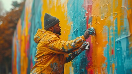 Canvas Print - Colorful Mural Painting Process by Skilled Street Artist, generative ai