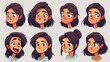 Face emotion cartoon illustration of a brunette haired teenager with varying emotions. Happy, sad, angry and sulky smile.