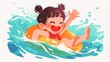 A flat 2d illustration depicts a girl gleefully swimming with an inflatable ring This charming Asian child is seen having a blast in the water playfully waving her hand Dressed in a swimsui