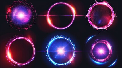 Wall Mural - This is a realistic modern illustration set of neon glow rings and ovals. Abstract energy or magic circular frame or portal. Bright glare shining lens.