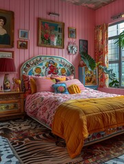 Wall Mural - Eclectic Bohemian Bedroom Interior with Vibrant Colors and Patterns