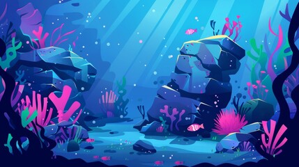 Sticker - An ocean underwater boulder with fish in the background. Underwater creatures and seaweed plants. A tropical aquatic habitat wildlife drawing environment. An aquarium ecosystem landscape.