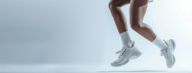 Poised in mid-leap, the image captures athletic legs wearing white running shoes and socks against a soft gradient blue background, epitomizing weightless movement.