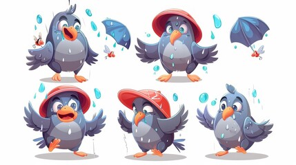 Wall Mural - Funny cartoon illustration of a pigeon in a red hat trying to catch flies, angry with the rain, happy, and afraid of swimming.