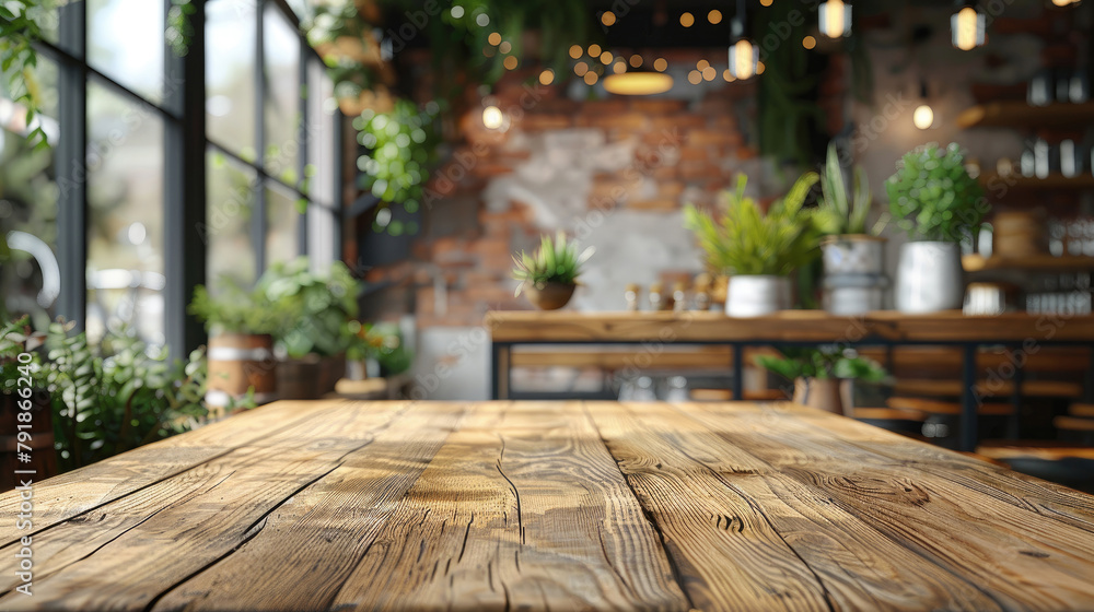 Cafe or bar mock up, wooden table close up in the front, blurred bokeh ...